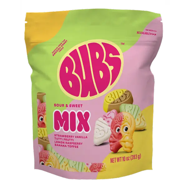 BUBS Swedish Soft Sour-Sweet Pick-and-Mix Gummy Candies Pouch - Strawberry Vanilla, Tutti Frutti, Lemon Raspberry, Banana Toffee Flavors - Vegan, Gluten-Free - 10 oz Trending Food Snacks for Candy Lovers