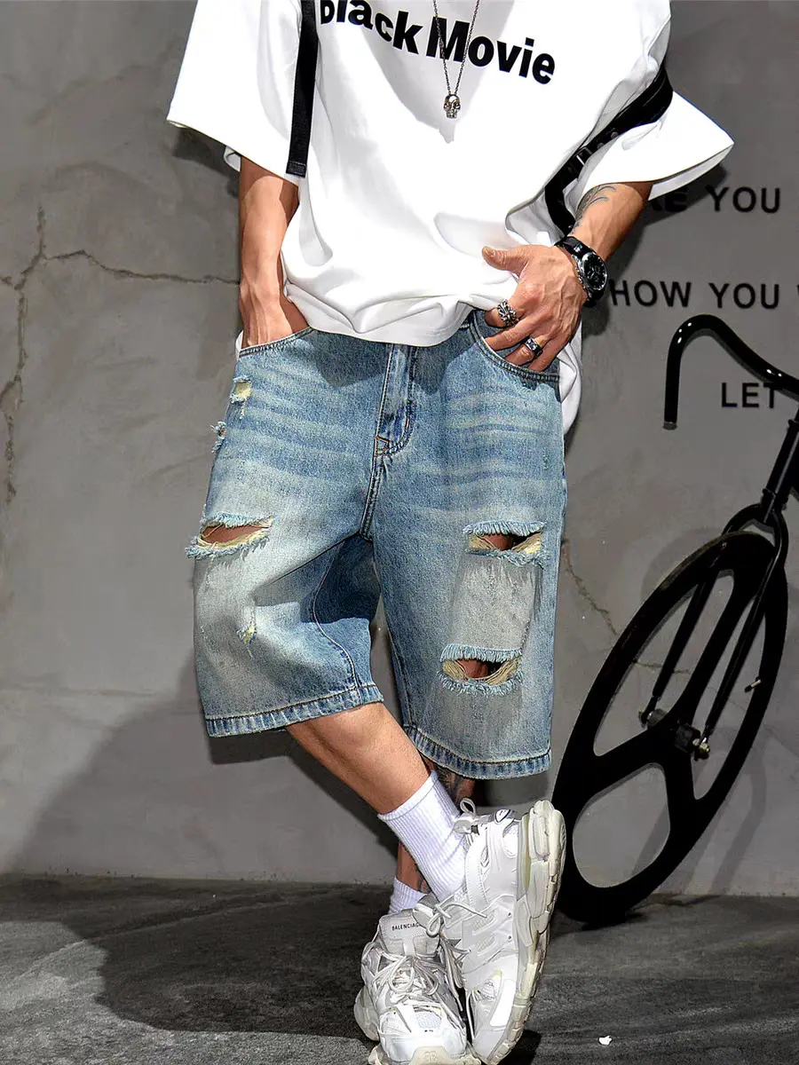 SRETOUU Men's Vintage Wash Ripped Denim Shorts Loose Fit Frayed Edges Breathable Cotton Classic 5-Pocket Design Ultra-Short Version for Summer Streetwear Menswear - Blue