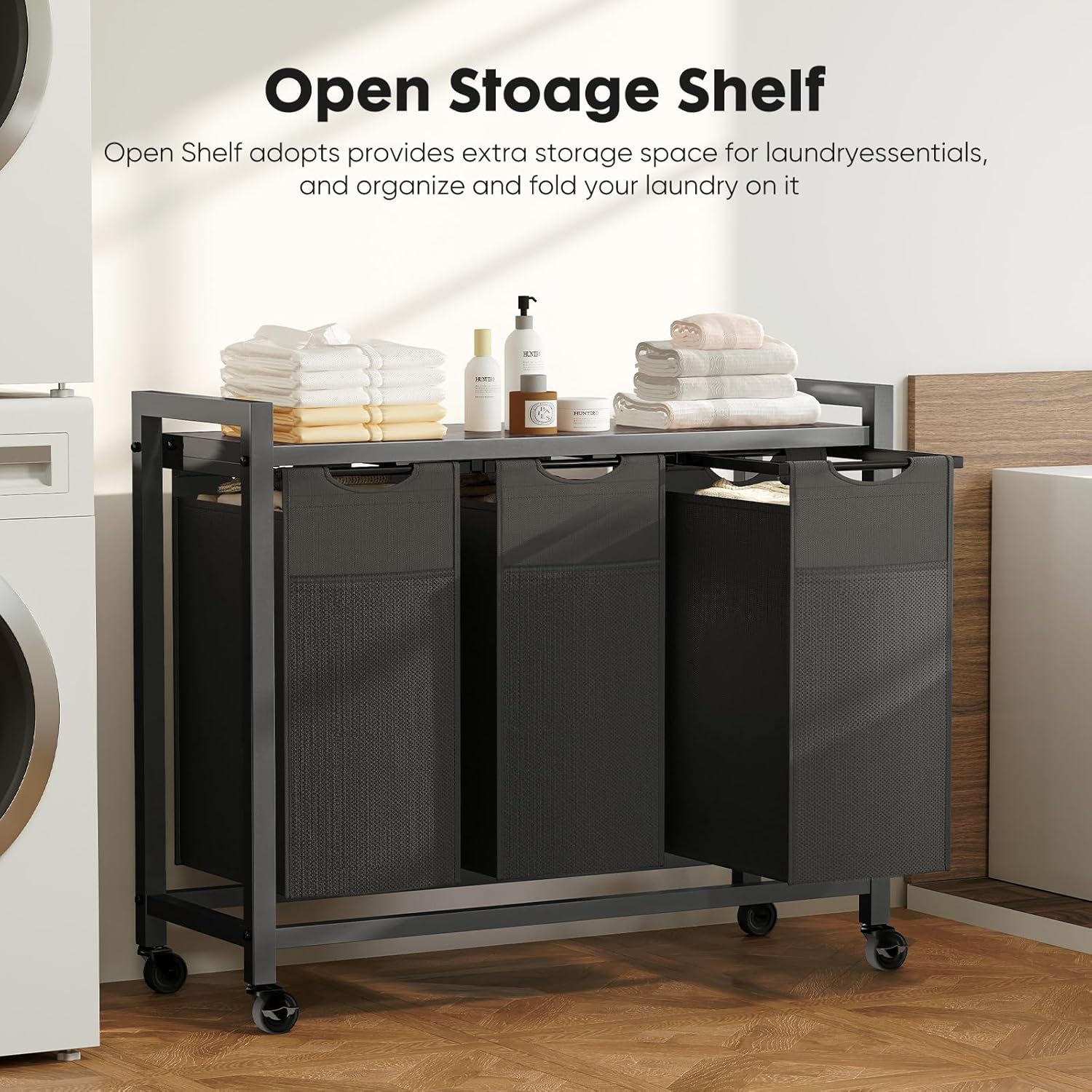 Laundry Hamper with Pull-Out Removable Sorter Bags Large Capacity and Movable Wheels,Freestanding Clothes Basket Organizer for Bathroom