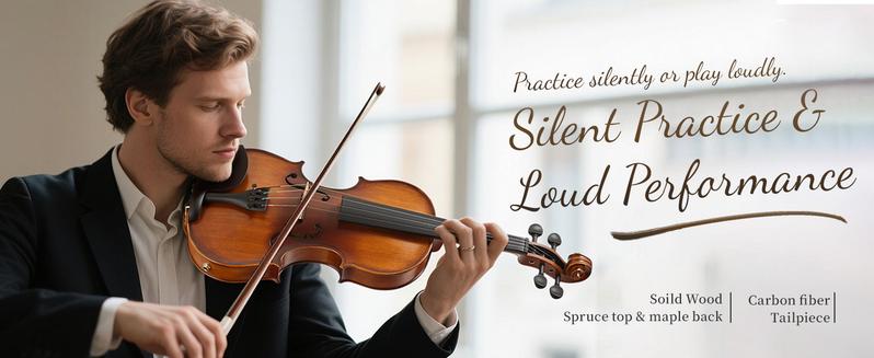 MeloCrest 4/4 Silent Electric Violin - Solid Spruce Top & Maple Back, Carbon Fiber Tailpiece, Ebony Fittings, Starter Kit for Beginners