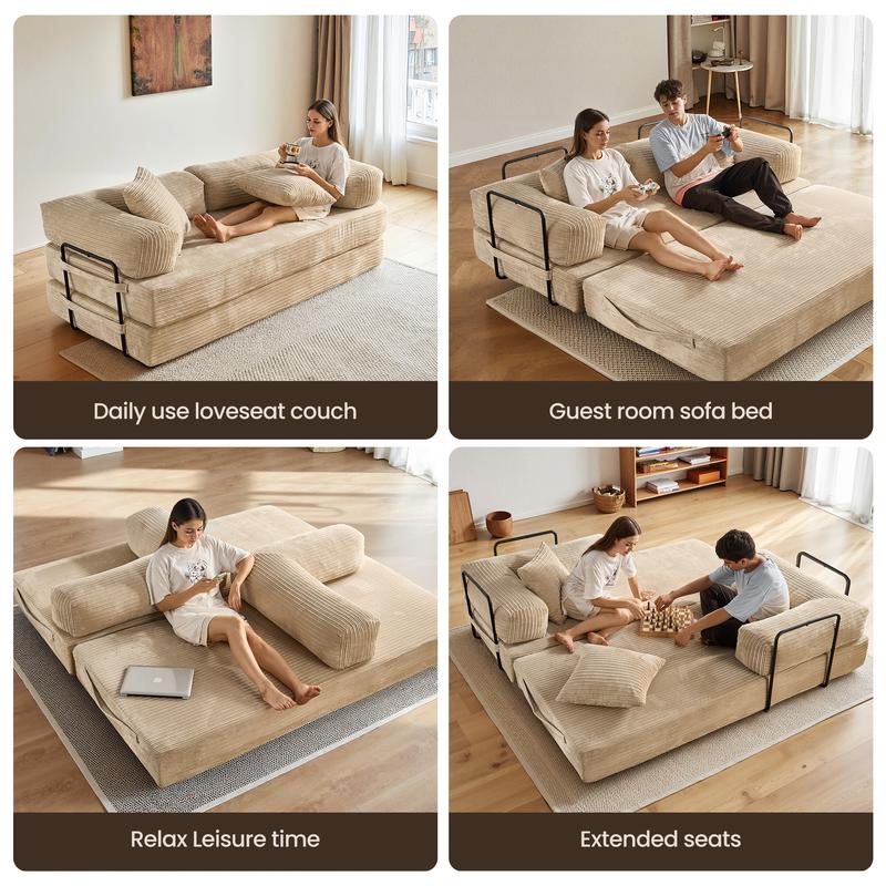 【Jumpstart Sale】Ovios 81" Convertible Boneless Sofa Bed, Fold Out Loveseat Sleeper Couch with Pillow, 4 in 1 Modular Cloud Corduroy Folding Queen Bed Floor Mattress, Lazy Chair for Living Room Bedroom