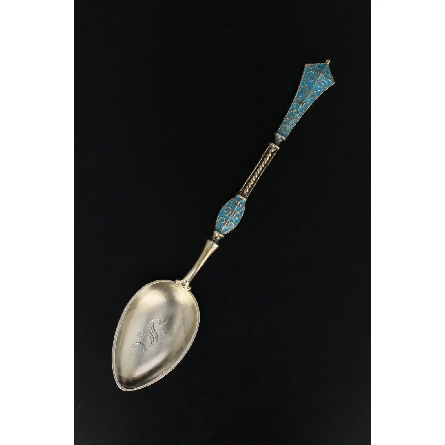 David Andersen Norway Dragestil Engraved Monogram Demitasse Tea Spoon, Sterling Silver Enamel Cutlery for Tableware