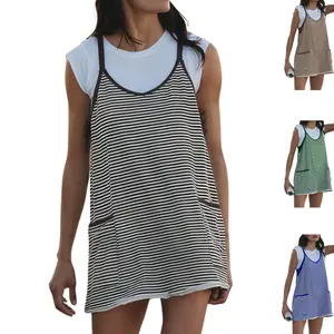 SCUSTY Women's Summer Sleeveless Striped Mini Dress with Built-in Shorts V Neck Spaghetti Straps Athletic Shorts Tennis Dress with Pockets