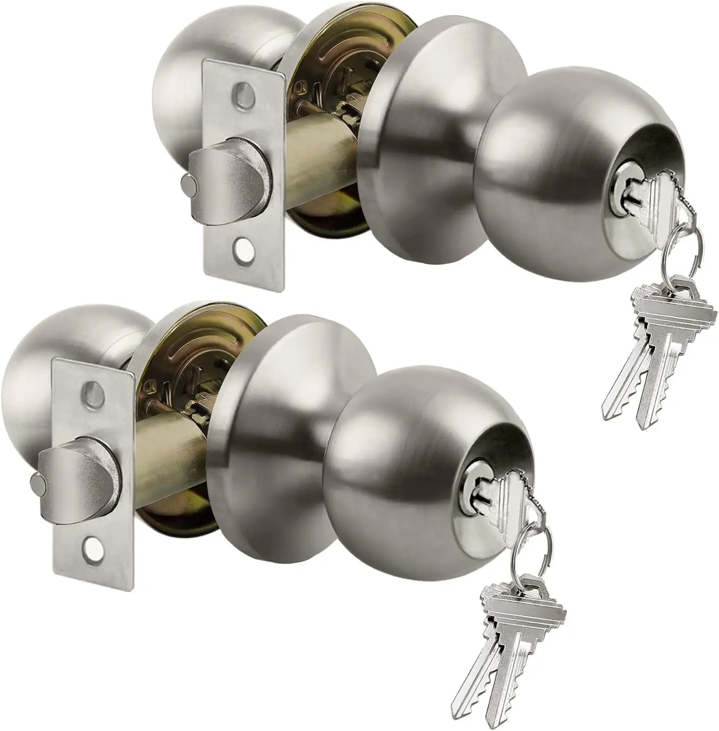 [2 Pack] Door Knobs with Lock and Key Keyed Entry Door Knob Heavy Duty Interior and Exterior Door Lock Standard Ball Satin Nickel