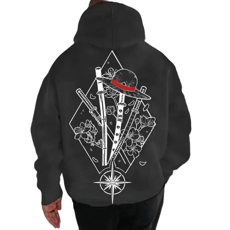 One Piece Manga Hoodie, Minimalist Manga-Inspired Sweatshirt, Iconic Straw Hat Design, Perfect for Anime Enthusiasts, Classic Cotton Menswear Top
