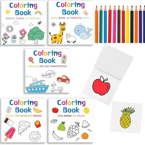 Adult Coloring Books 5-Piece Variety Pack - 3x3 in, 3.5x3.5 in/3.5" Pocket Carry Sizes, 50 Pages, Lay Flat Binding, Thick No-Bleed Paper, 12 Pencils, Engaging Themes, Anxiety Relief, Events and Parties Gift Choice Idea, Artistic Skills Enhancer