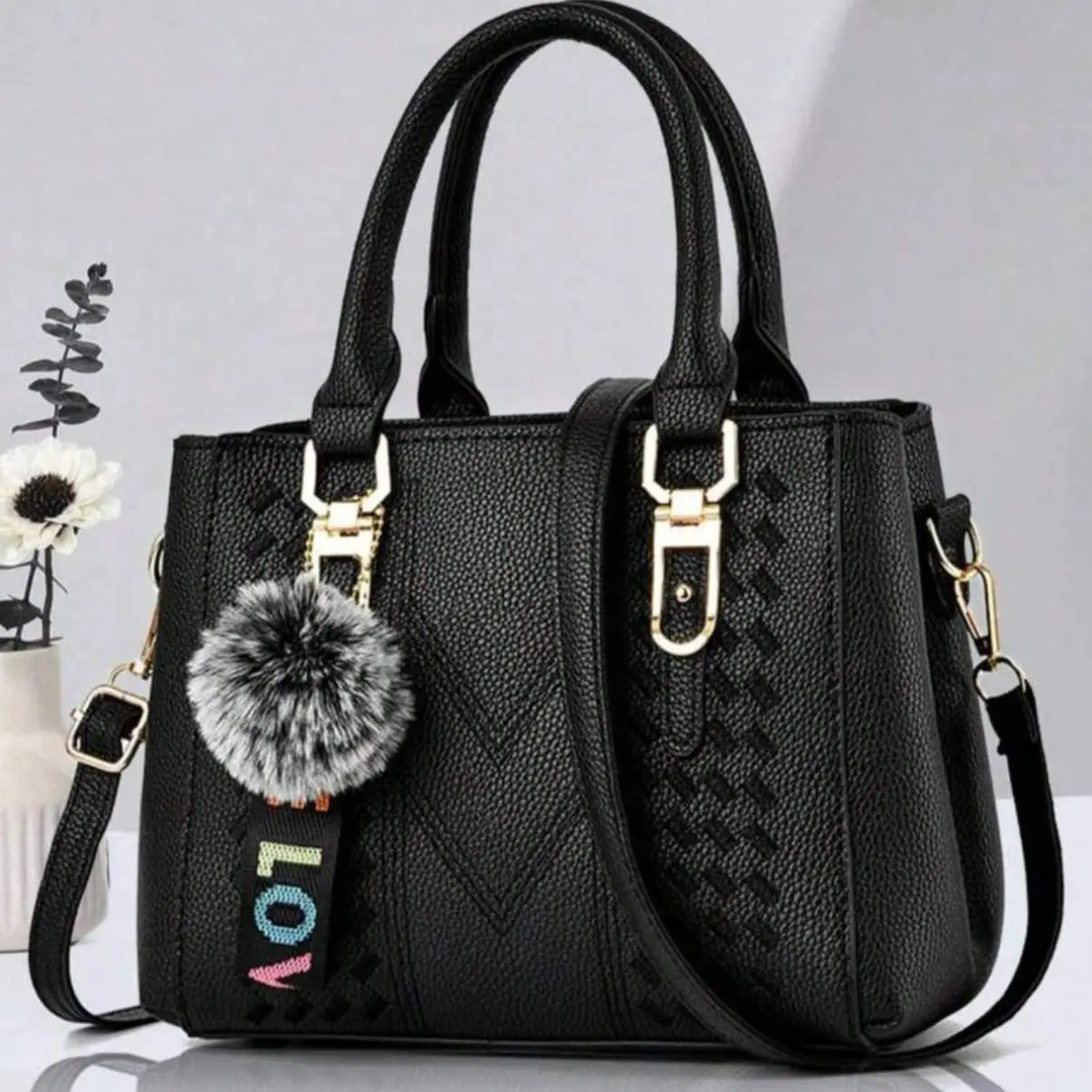 Women's Adjustable Shoulder Crossbody Handbag with Fur Ball Pendant - Casual Purses, Everyday Purse, Mom-Day Gift Ready Bags for Women, Ideal for Office Commuting, Commute Bag