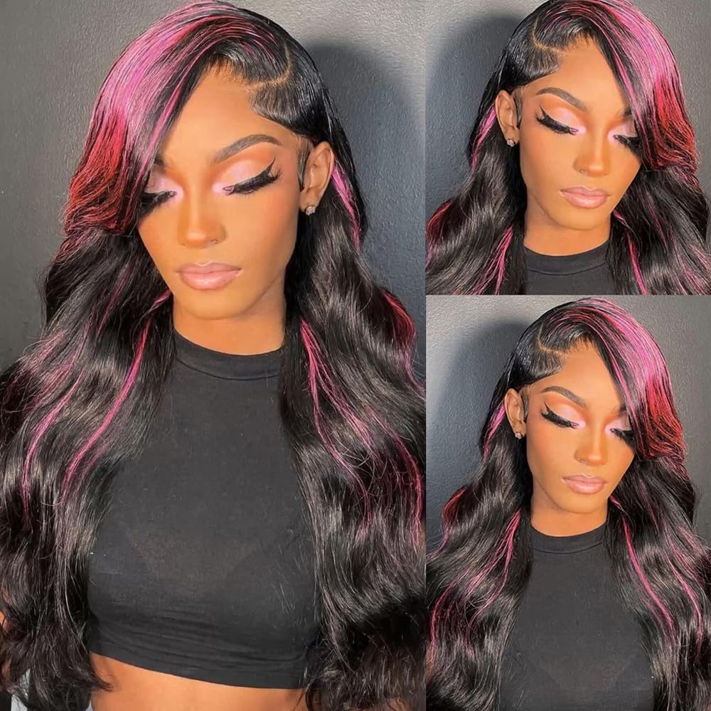 Highlight Ombre Lace Front Wig Human Hair 13x6 Body Wave 1B/Pink Colored Lace Front Wig Human Hair Pre Plucked With Baby Hair Black And Pink Wig Human Hair 200% Density 34 Inch Skunk Stripe Wig