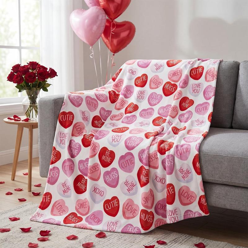 Valentine Flannel Blanket Throw, Pink Hearts with Words Soft Fuzzy Plush Cozy Fleece Blankets for Couch Sofa Bed Lounging, Ideal Gifts for Kids Adults Wife Self, Gift for Him & Her, Valentine's Day Gift
