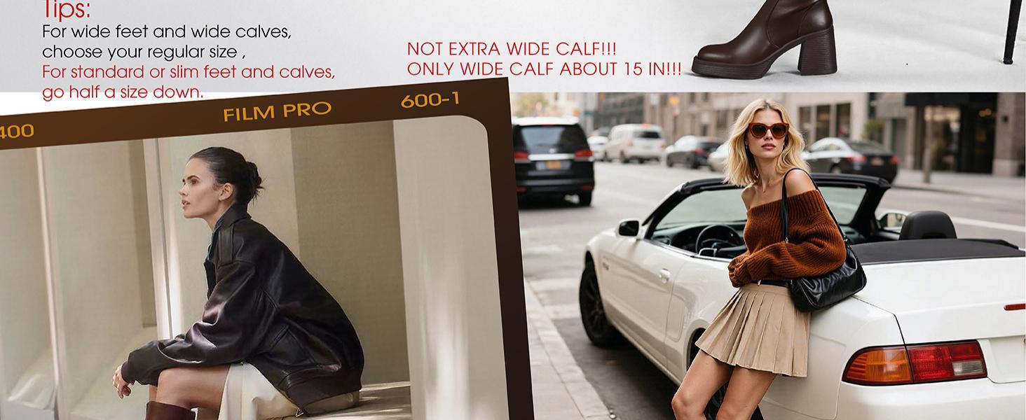 【New Colors】Knee High Boots for Women, Square Toe Chunky Block Heeled Platform Tall Leather Wide Calf Cogo Boots with Side Zipper Footwear Gir Walking Shoes Girl Comfort Fallfashion Brown Flatform