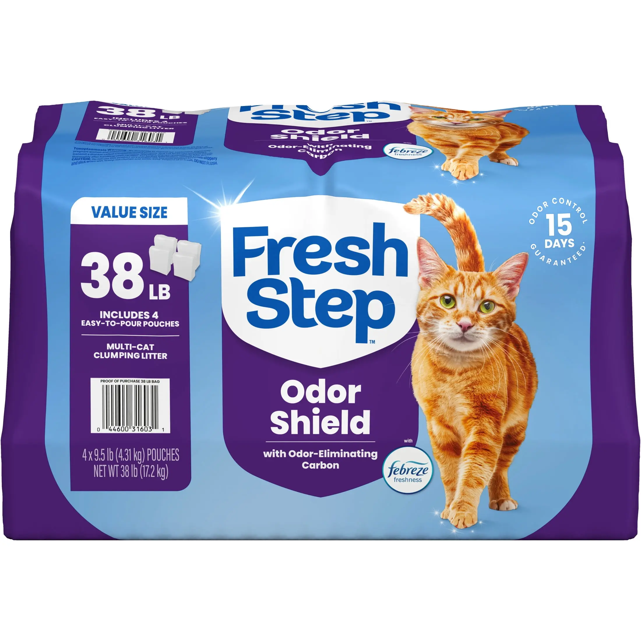 Fresh Step Odor Shield Multi-Cat Clumping Litter - Febreze Freshness, Pet Odor Control, Busy Homes, Daily Cleanouts, Naturally Strong Clay, Low Dust, 38 lb, 4-Pack Pouches, Keeps House Clean