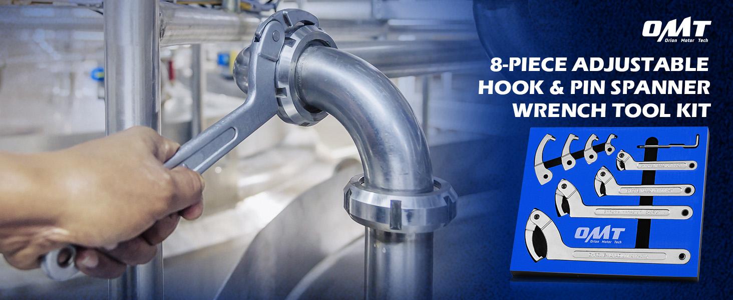 Orion Motor Tech 8pc Adjustable Pin Spanner Wrench Tool Set, Spanner Nut Wrench Tools with Changeable Heads for Pipes Heating Cars, Coilover Hook Wrenches for Suspension System, 3/4" to 6-1/10"