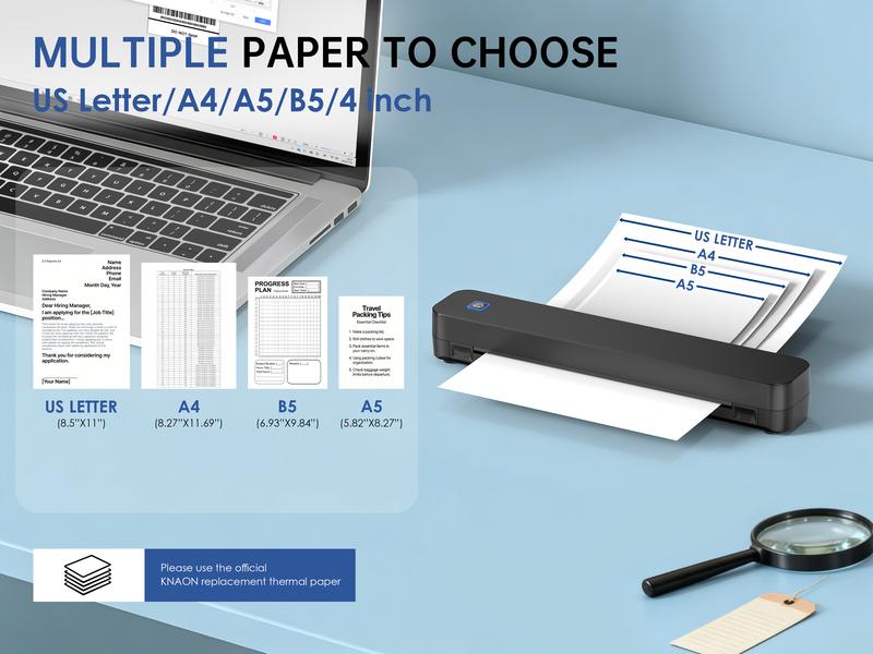 Inkless Portable Printer – Bluetooth Wireless Thermal Printer for Travel, Home & Office,iOS/Android/Laptop Compatible,Support 8.5x11 US Letter&A4 Thermal Paper,No Ink Needed, Printing Machine,Excellent Gift