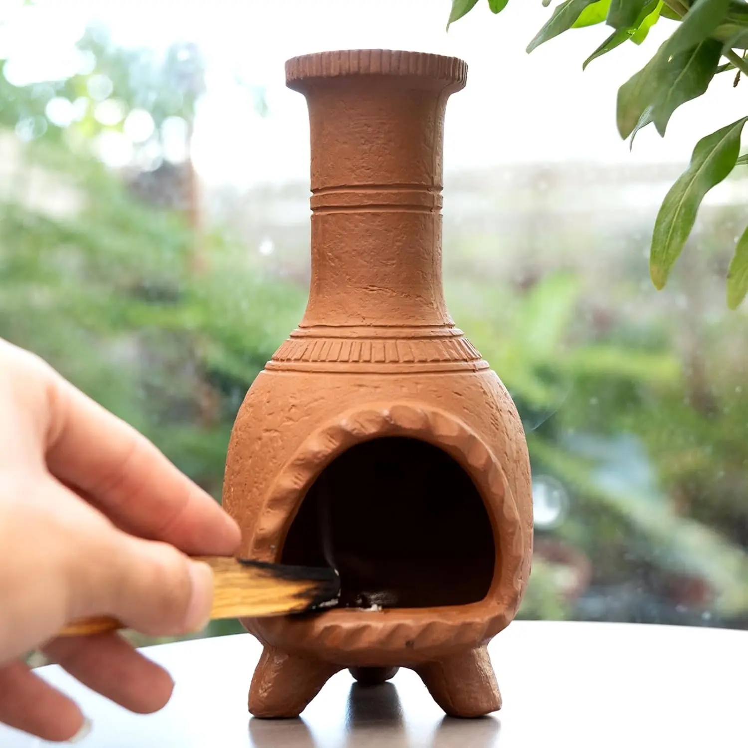 MOUGIGI Small Handmade Terracotta Palo Santo Holder - Clay Chiminea Incense Burner for Smudging, Meditation, Mexican Style Home Fragrance Altar Accessory