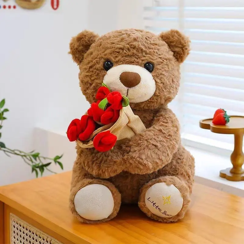 Soft Plush Teddy Bear Holding Roses, Ideal Gift, Snuggle Stuffed Bear for Birthday, Anniversary & Romantic Occasions, Stuffed Animal Gifts