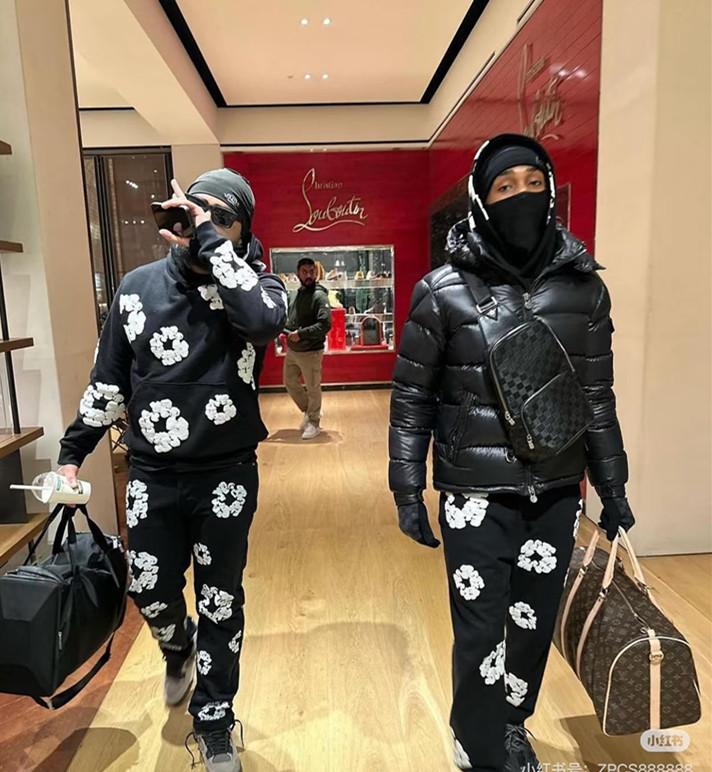 DENIM TEARS Brand Hot Selling New Fashionable Cotton Foamprinted Hoodie European and American Trendy Men's Sportssuit Pink Floral Design with Hood and Drawstring