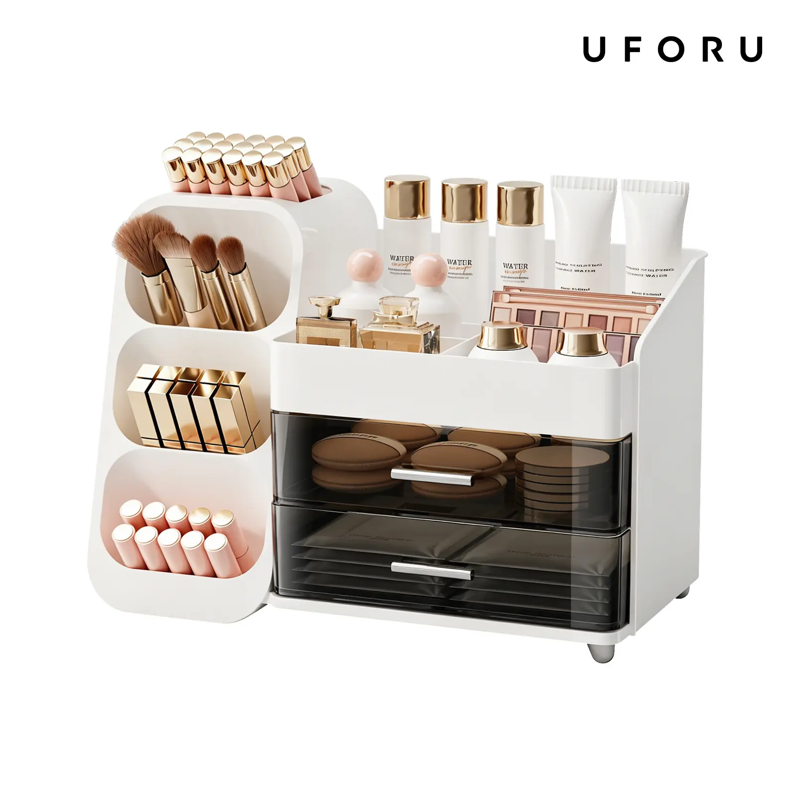 UFORU Large Capacity Makeup Storage Box, Multi-functional Makeup Brush Lipstick Eyebrow PencilPocket Mirror Storage Box, Desktop MakeupOrganizer for Home & Travel, Makeup Box,Cosmetics Organizer Storage,Gift,Pink Vanity Accessory