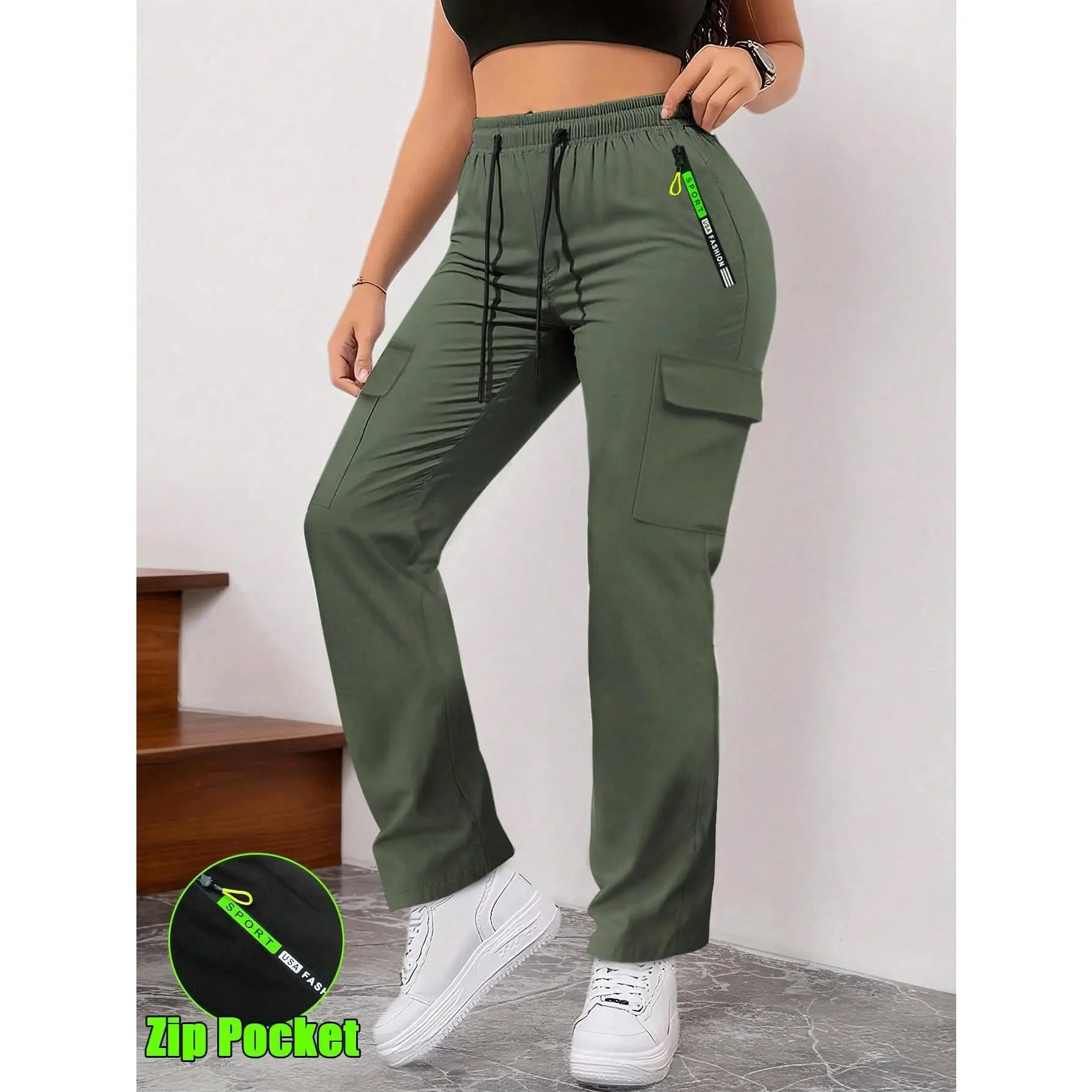 Women's Spring/Autumn Zipper Pocket Cargo Pants, Fashionable Large Pocket Design, Drawstring Elastic Waist, Casual Outdoor/Daily Wear Slim Fit Trousers