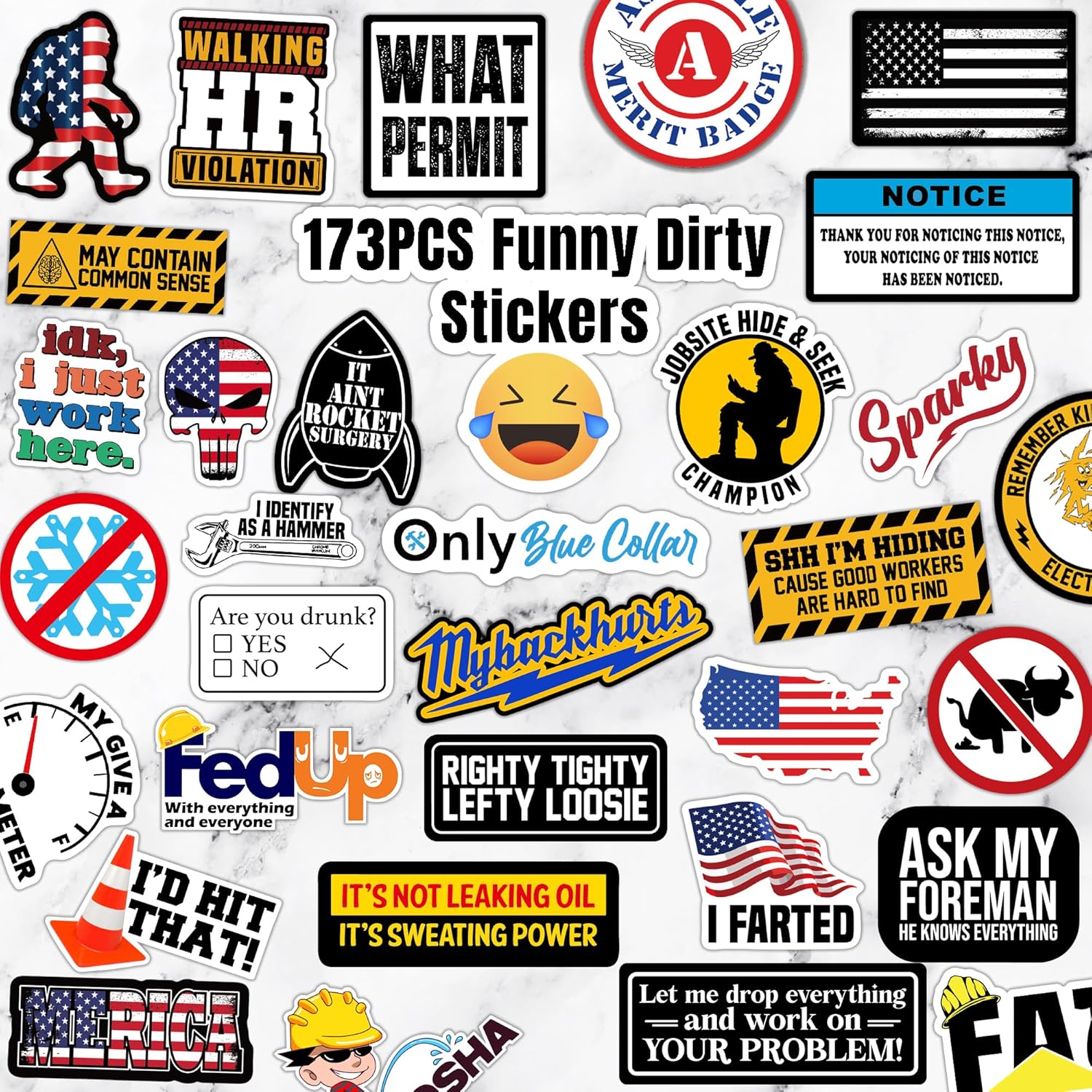 173 PCS Waterproof Sticker Packs - Funny Blue Collar Sticker Packs for Men, Hard Hat, Water Bottle, Laptop, Tool Box, DIY Scrapbooking & Stamping Supplies, Funny Sticker Packs
