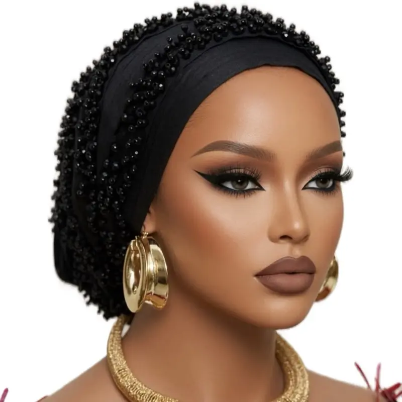 Chandelier Luxury Pleated Turban Head Scarf - Lightweight, Breathable, Casual, Fashionable Scarf with Crystal-Embellished Beads, All-Seasons Convenient Alternative Fashion Accessory (Crafted with Care)
