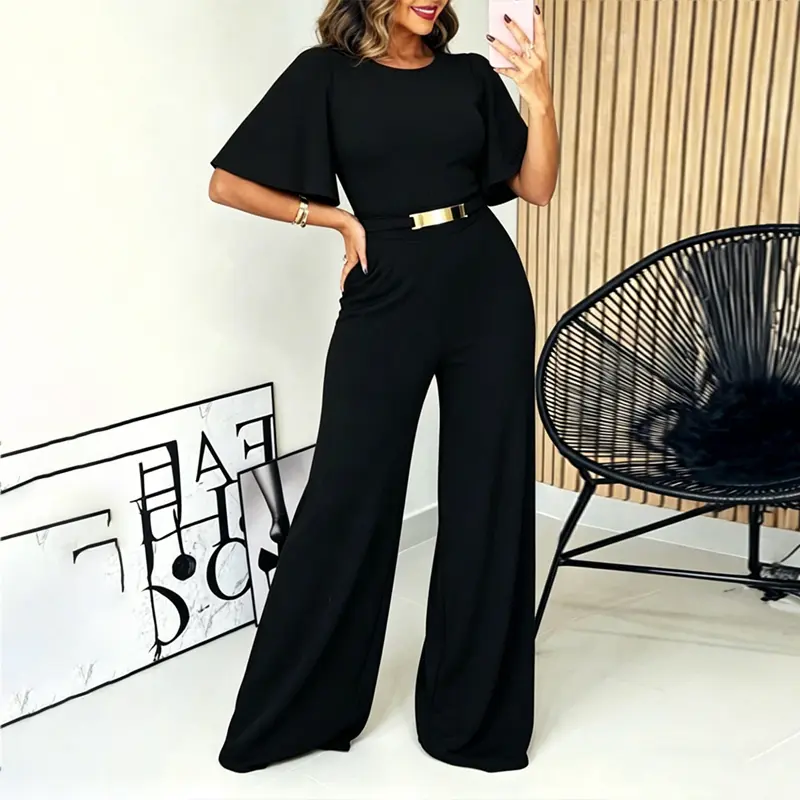 CHICME Women's Elegant Butterfly Sleeve Romper Gold Detail Wide-Leg Jumpsuit High Waist Overalls with Pockets