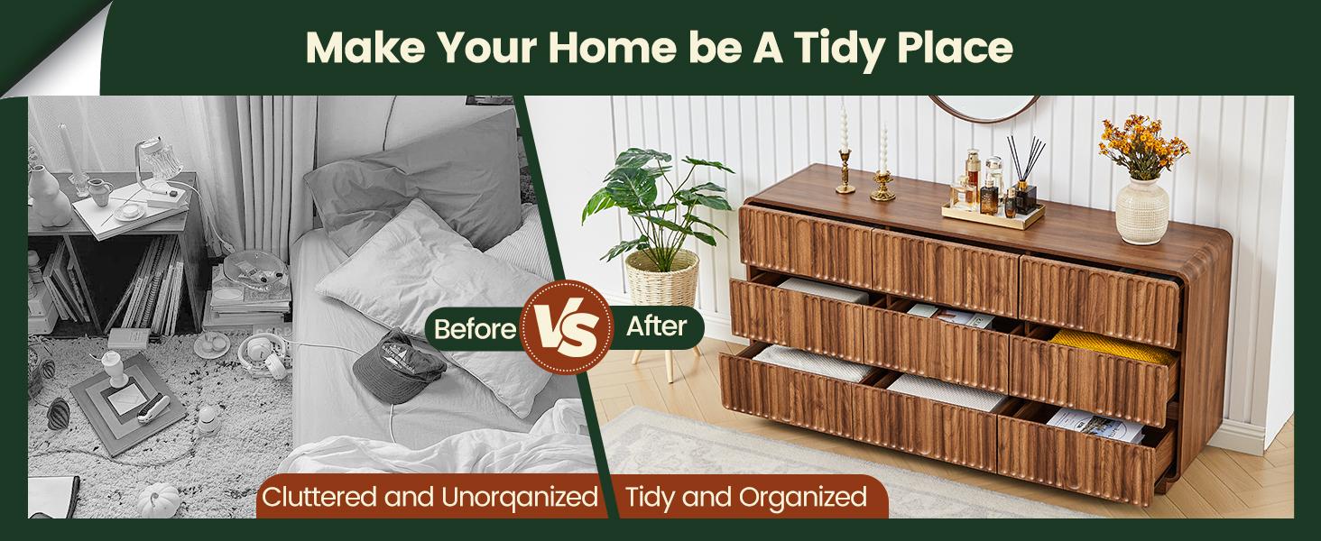 Giratree 60'' Modern Fluted 9-Drawer Dresser, Curved-Corner Wood Chest for Bedroom Storage — Also Works as a Stylish TV Stand