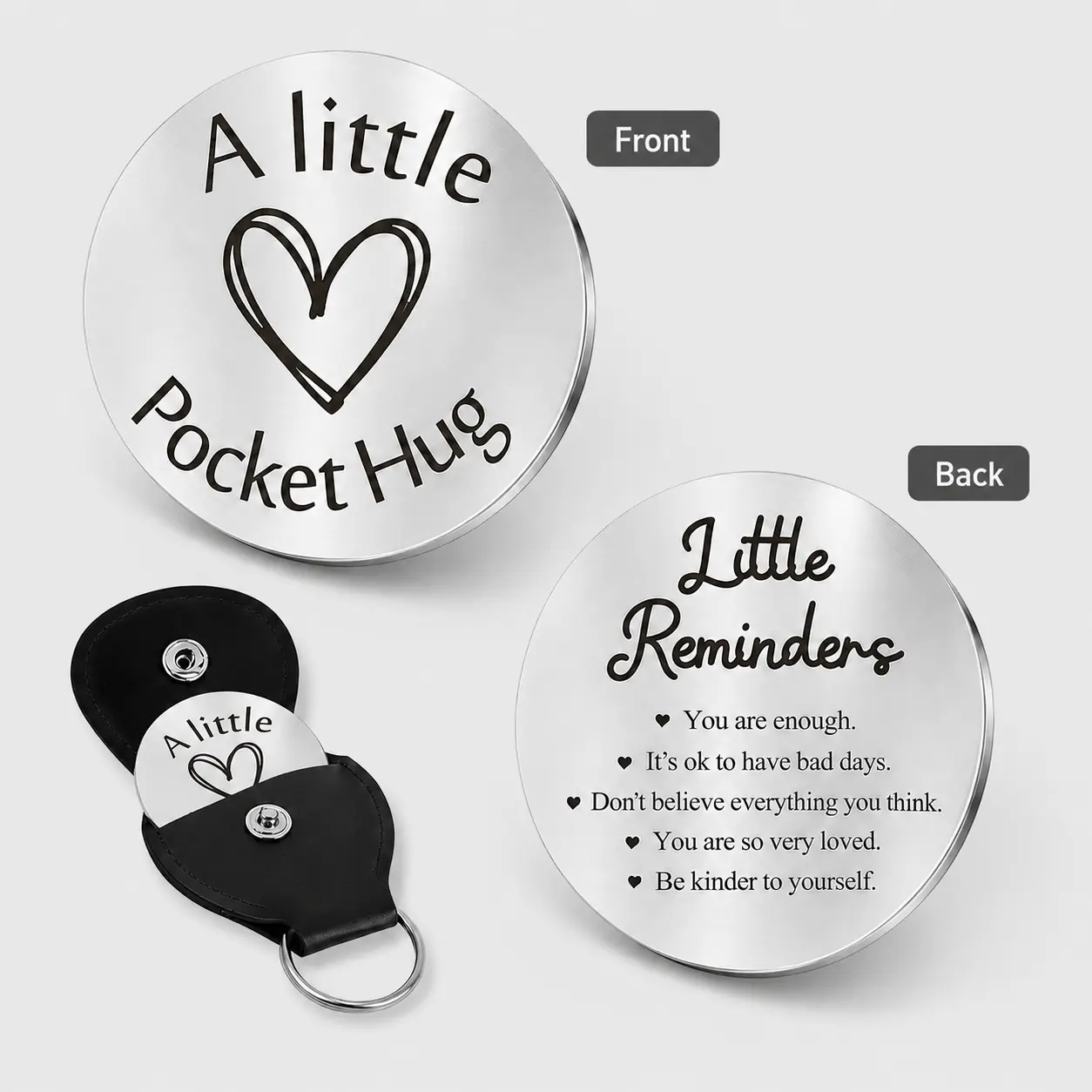 Stainless Steel Pocket Hug Coin Keychain - Engraved Letters, Durable, Elegant, Scratch-Resistant, Fade-Resistant, Double-Sided, EDC Gear, Anxiety Support Reminder, Split Ring Gift, Keychain Inspo, Hearts, Casual, Miniature, Cute Accessory for Daily Use