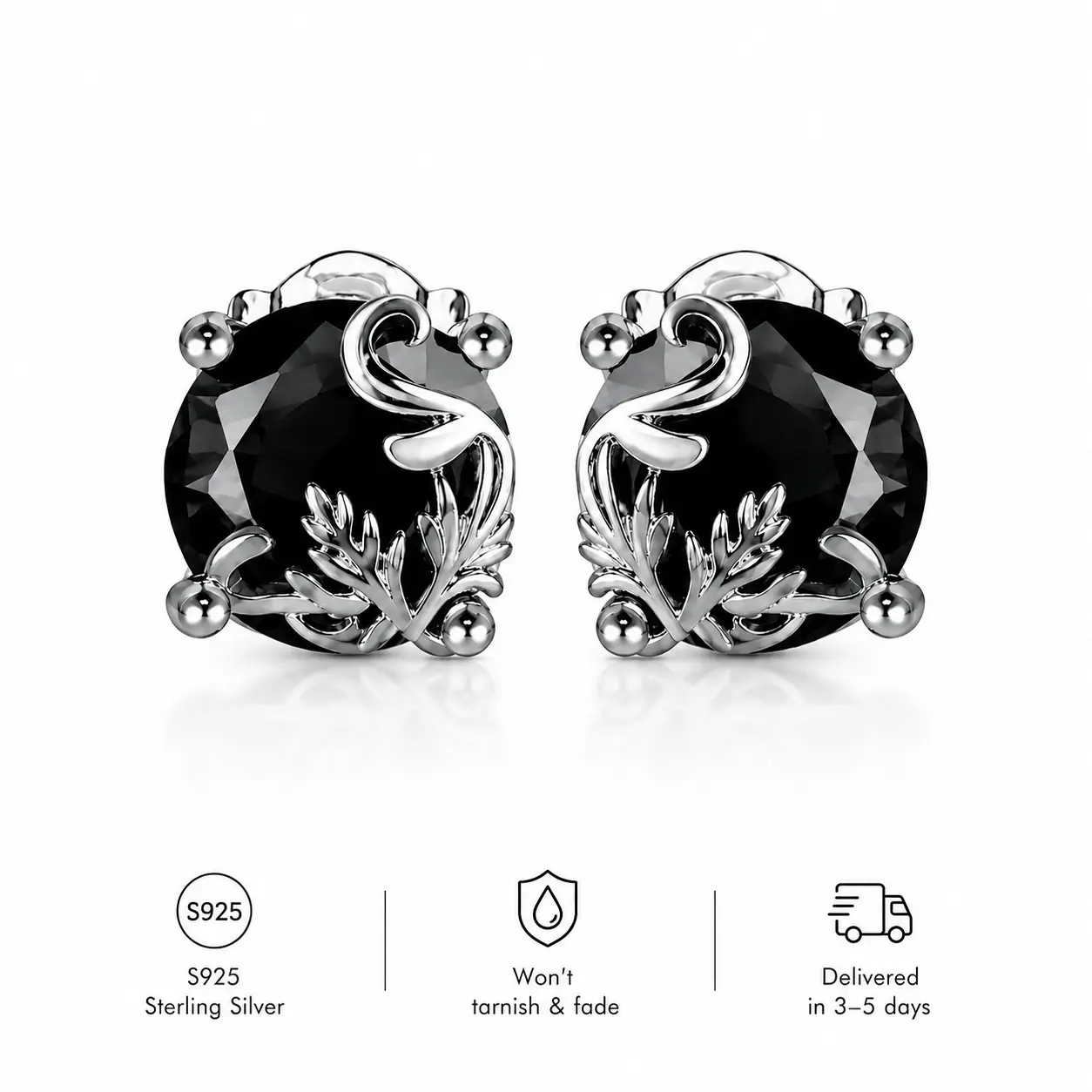 925 Sterling Silver Black Obsidian Stud Earrings for Women, Natural Black Gemstone Leaf Vine Earrings, Hypoallergenic Vintage Botanical Jewelry Gift for Her