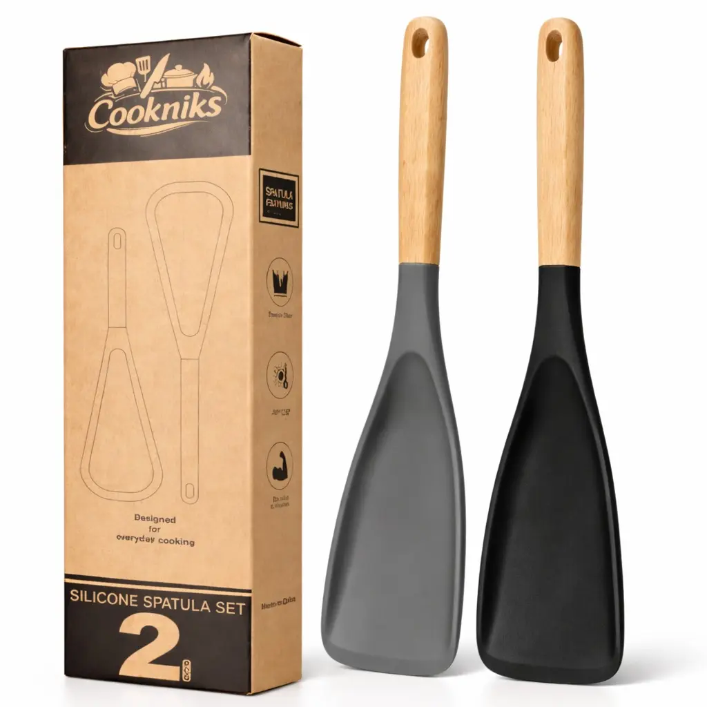 2-pack Silicone Cooking Spoons - Black & Gray, BPA-Free, Wood Handle, Heat-Resistant