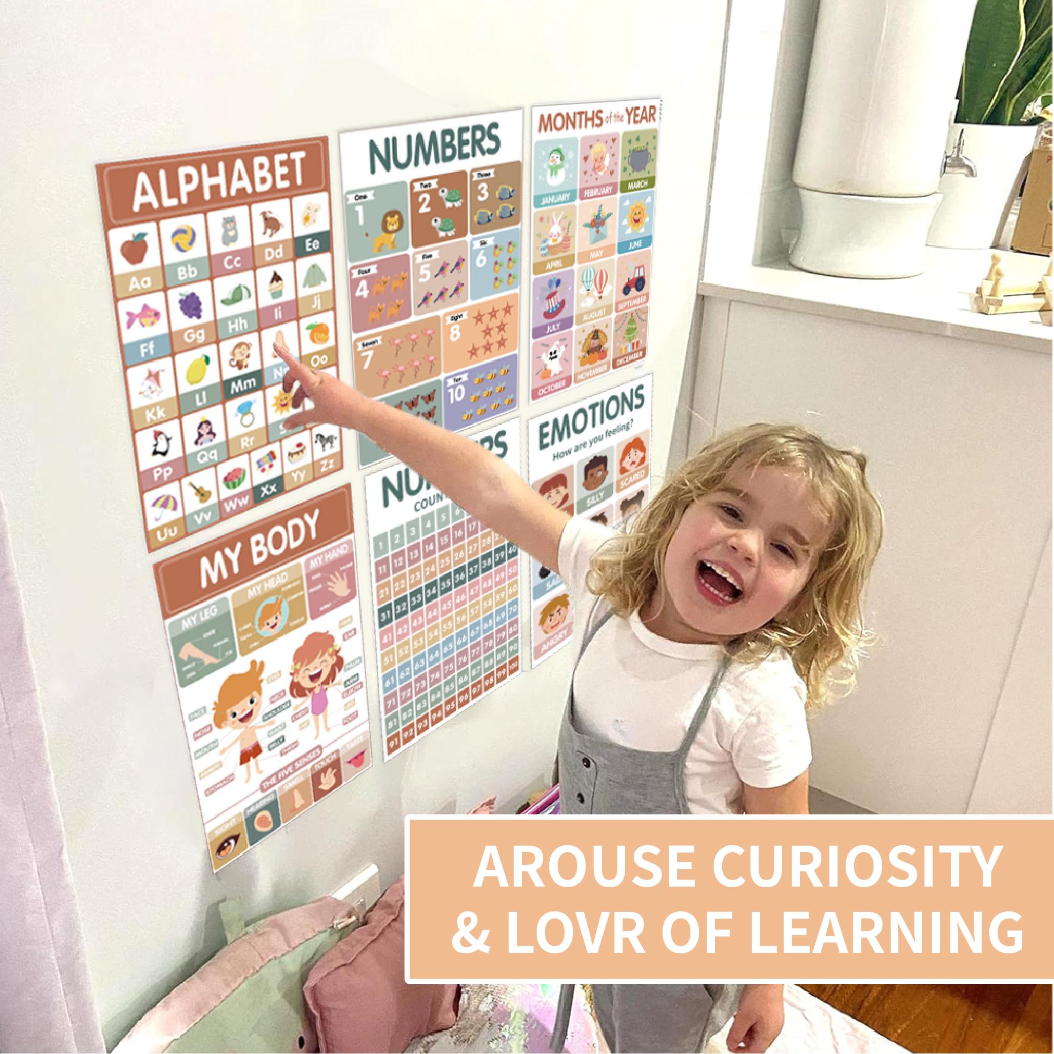 18 Modern Bohemian Educational Posters for Preschoolers Laminated Preschool and Kindergarten Learning Charts for Toddlers Homeschool Classroom Decorations for Children's Walls