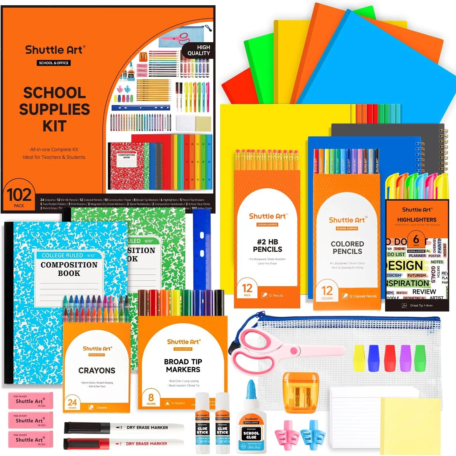 Shuttle Art 71/102 PCS Back to School Supplies Kit, School Supply Box for Grades K-12, Teachers, Middle High Schools, College, Including Pencils, Pens, Markers, Erasers, Notebooks, Folders and More,back to school shopping