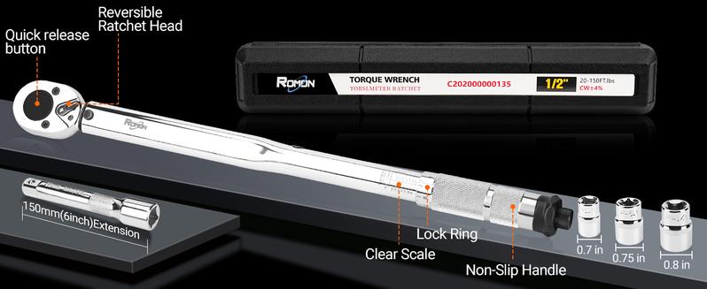 ROMON Torque Wrench 1/2 Inch, 5 Pcs Drive Click Torque Wrench Set, Dual-direction Torque Wrenches 27.1-203.5N.m/20-150ft.lb, 72-tooth, ±4% High Precision For Motorcycle, Car