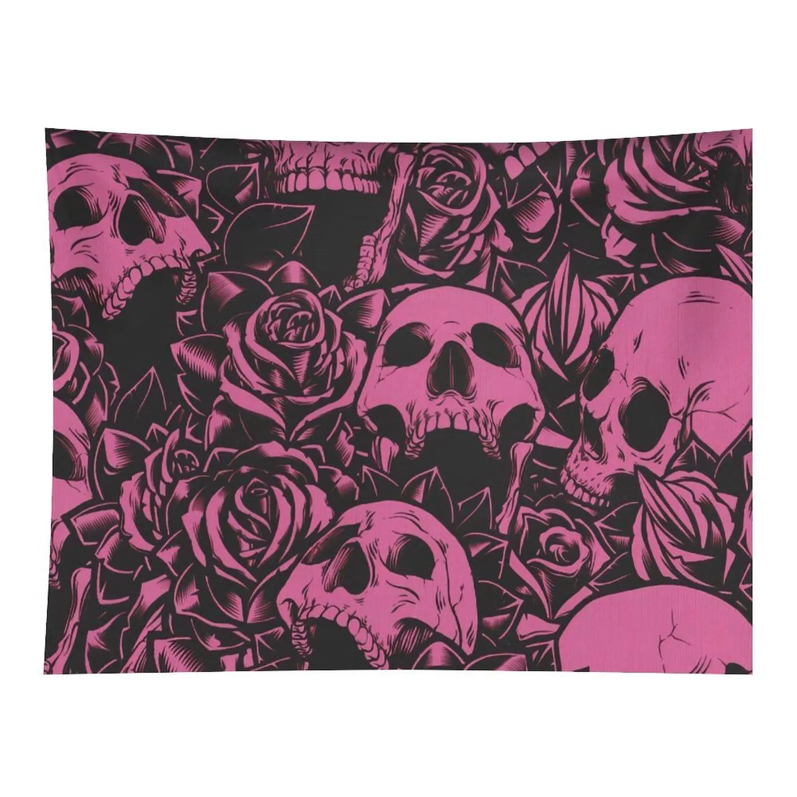 Dark Grunge Gothic Wall Tapestry - Pink-Black Skull Rose Line Art, Spooky Goth Home Decor, Flower Accent Living Room & Teen Girl Room Backdrop Wall Hanging, Living Room Wall Decor