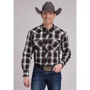 Mens Long Sleeve Snap Black White Red Plaid Western Shirt