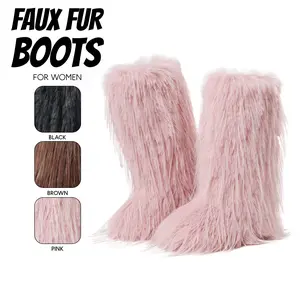 Womens Faux Fur Boots Knee High Boot Round Toe Flats Fuzzy Fluffy Furry Comfy Easy Pull On Warm Cozy Non Slip Outdoor Indoor Party Work Casual Spring Summer Winter Fashion Chilly Day Dressy Plush Snow Shoes