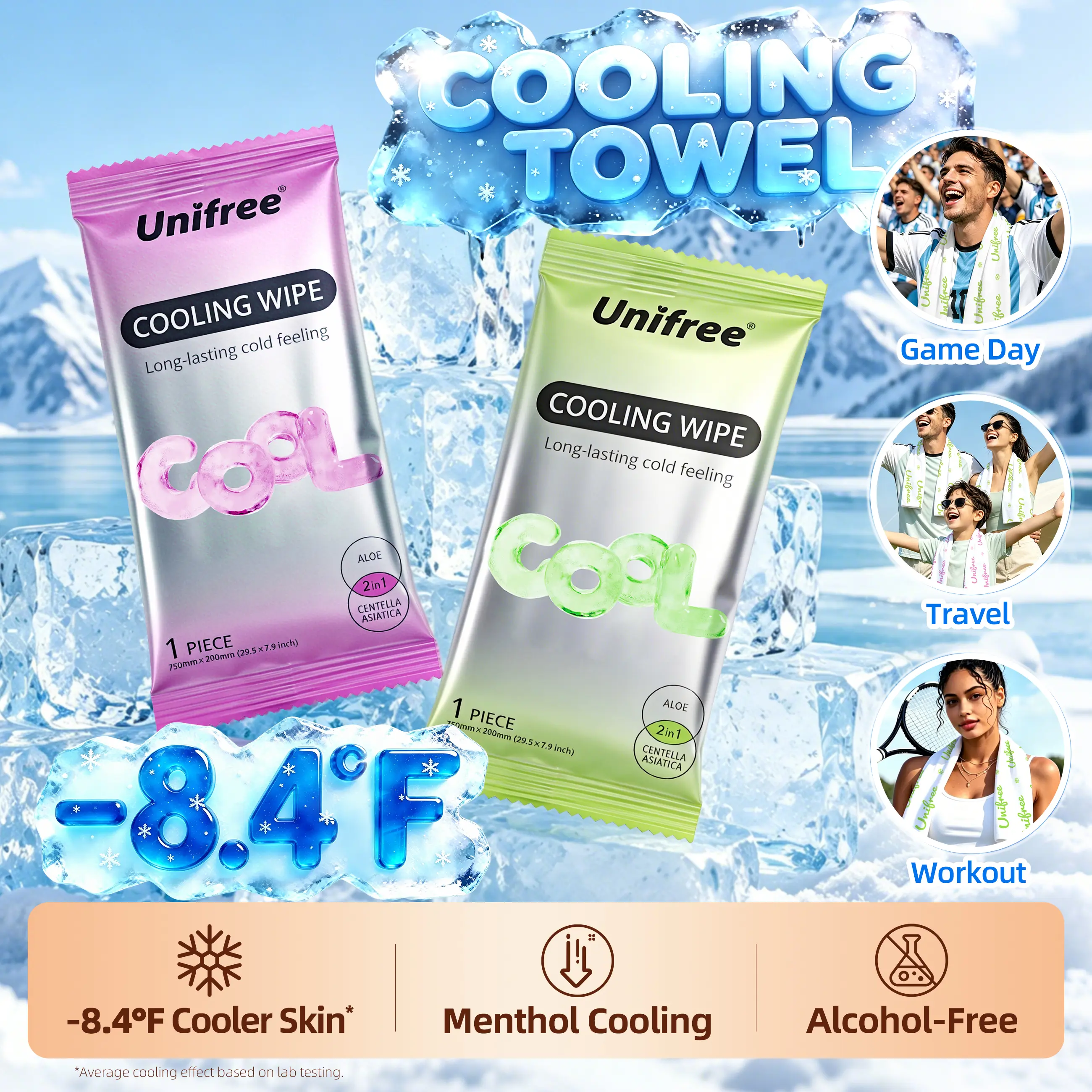 Unifree Disposable Portable Menthol Cooling Towels & XL Alcohol-Free Cooling Wipes - Instant, Long-Lasting Relief for Hot Summer Weather, Outdoor Use, Beach (Safe for Children Over 6)