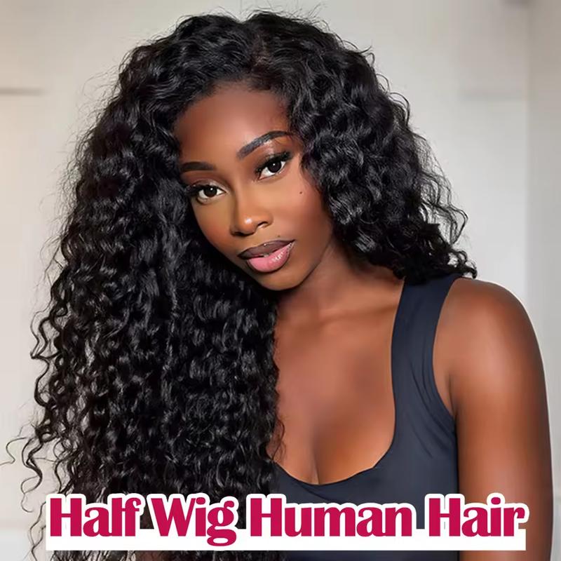 Half Wig Human Hair Kinky Curly Glueless Wig Human Hair Ready to Wear 3 IN 1 Half Wig With Drawstring 250 Density Curly Half Wig