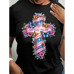 Women'S Christian Faith Theme T-Shirt- Floral Butterfly Cross Print with Inspirational Bible Verses(God Says You Are Loved, Especially Beautiful)- Breathable Short Sleeve Round Neck Casual Top, Comfortable Pullover