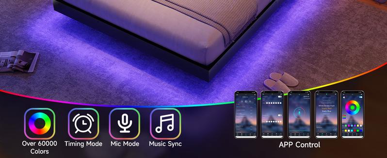 【Valentine's Day gift】ONBRILL LED Floating Bed Frame, Full/Twin/Queen/King Bed Frame with Smart LED Lights & Power Outlet, Heavy Duty Metal Platform Bed Frame, Camas Queen, Easy Assembly, Bedroom Furniture, Black