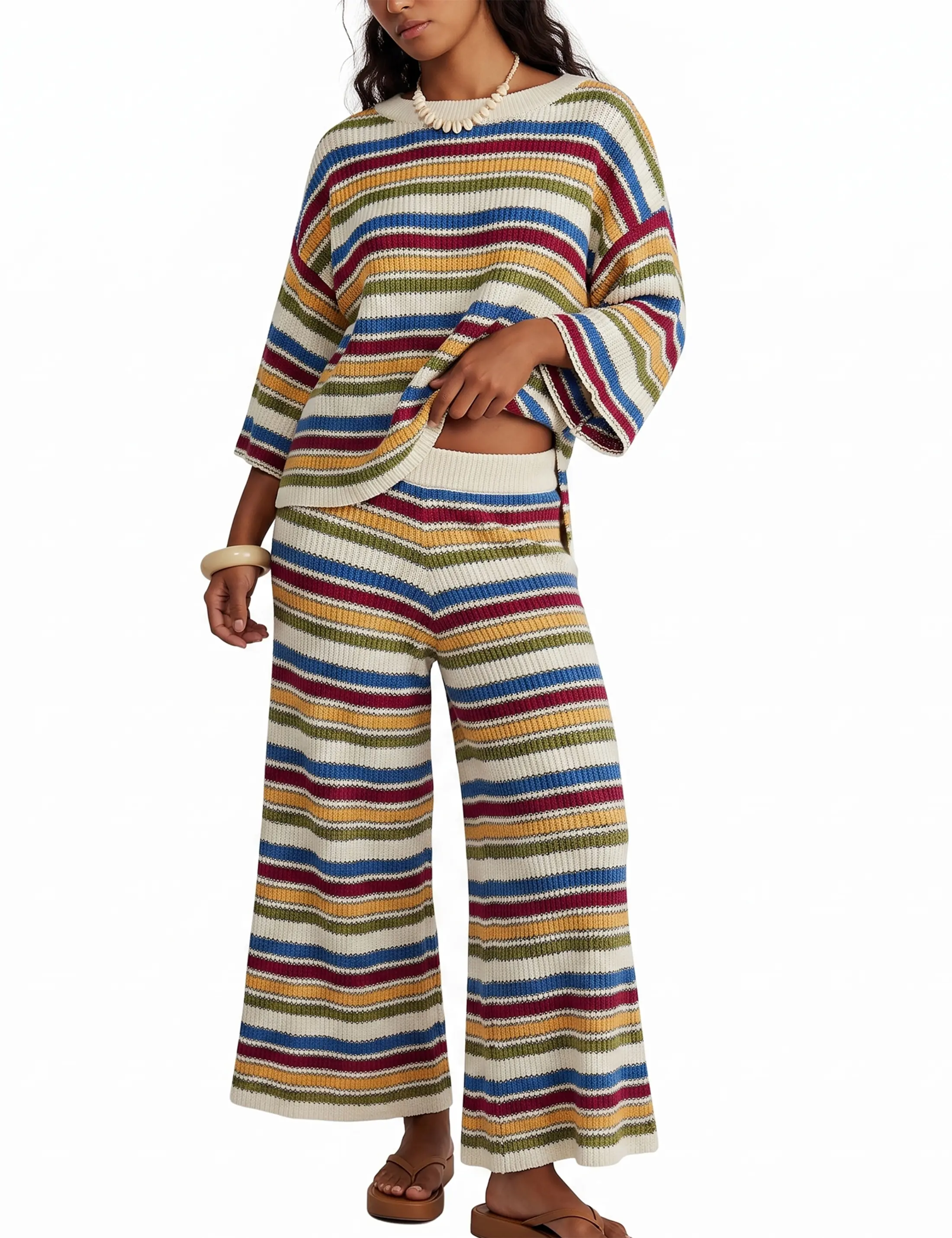Buenoble Women’s Rainbow Striped Knit 2 Piece Set Oversized Sweater Top & High Waist Wide Leg Pants Buenoble Women’s Rainbow Striped Knit 2 Piece Set Oversized Sweater Top & High Waist Wide Leg Pants