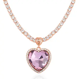 Glass and  Crystal Heart Necklace 20-22 Inches in Rosetone