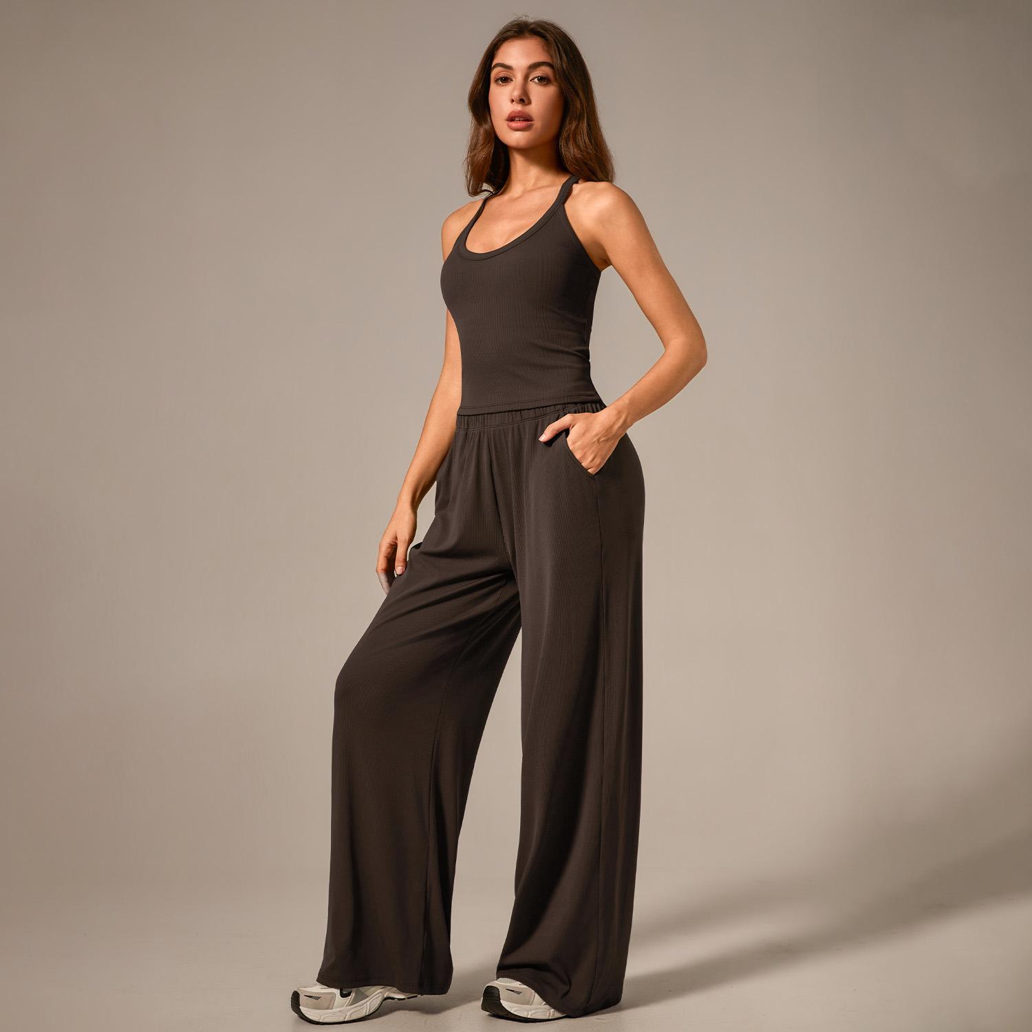 TimeOFF Women's Ribbed Two-Piece Set – Sleeveless Tank Top & Wide-Leg Pants with High Stretch Fabric, Pocket Design & Flexible Fit for Comfortable Movement & Secure Storage, Ideal for Casual Outings, Yoga & Daily Wear