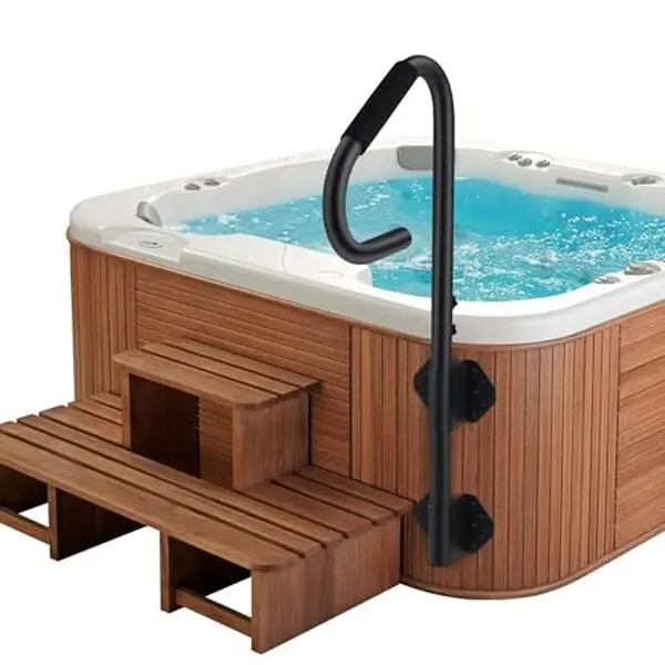 GAOMON Hot Tub Handrail, 18-48 in Height-Adjustable Carbon Steel Entry Aid with 360° Rotating Arm, 600lb Load Capacity, Curved Non-Slip Rubber Grip, Easy Install for Spa and Swimming Pool, Black