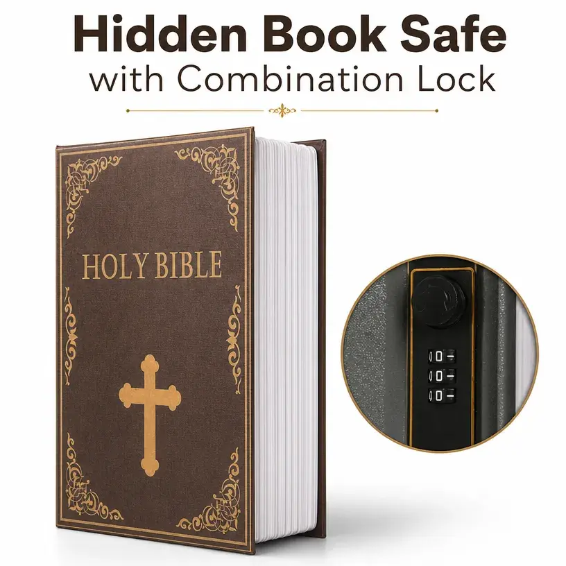 Hidden Book Safe Bible Secret Storage Box with Combination Lock for Cash Jewelry Valuables Home Office  Money Box Vault Safe Box Safe Deposit Box Decor Metal Lightweight Safety Ornaments fathersday gift Travel Portable Safe