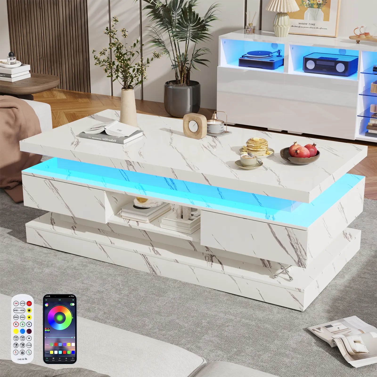 47.2 in Modern High-Gloss LED Coffee Table - Black Indoor Living Room Furniture with LED Lights, 2 Hidden Sliding Drawers, Double-Deck Design, Easy Setup, Glossy Finish, for Movie Night & Watch Party, Assembly Required, Chill Time