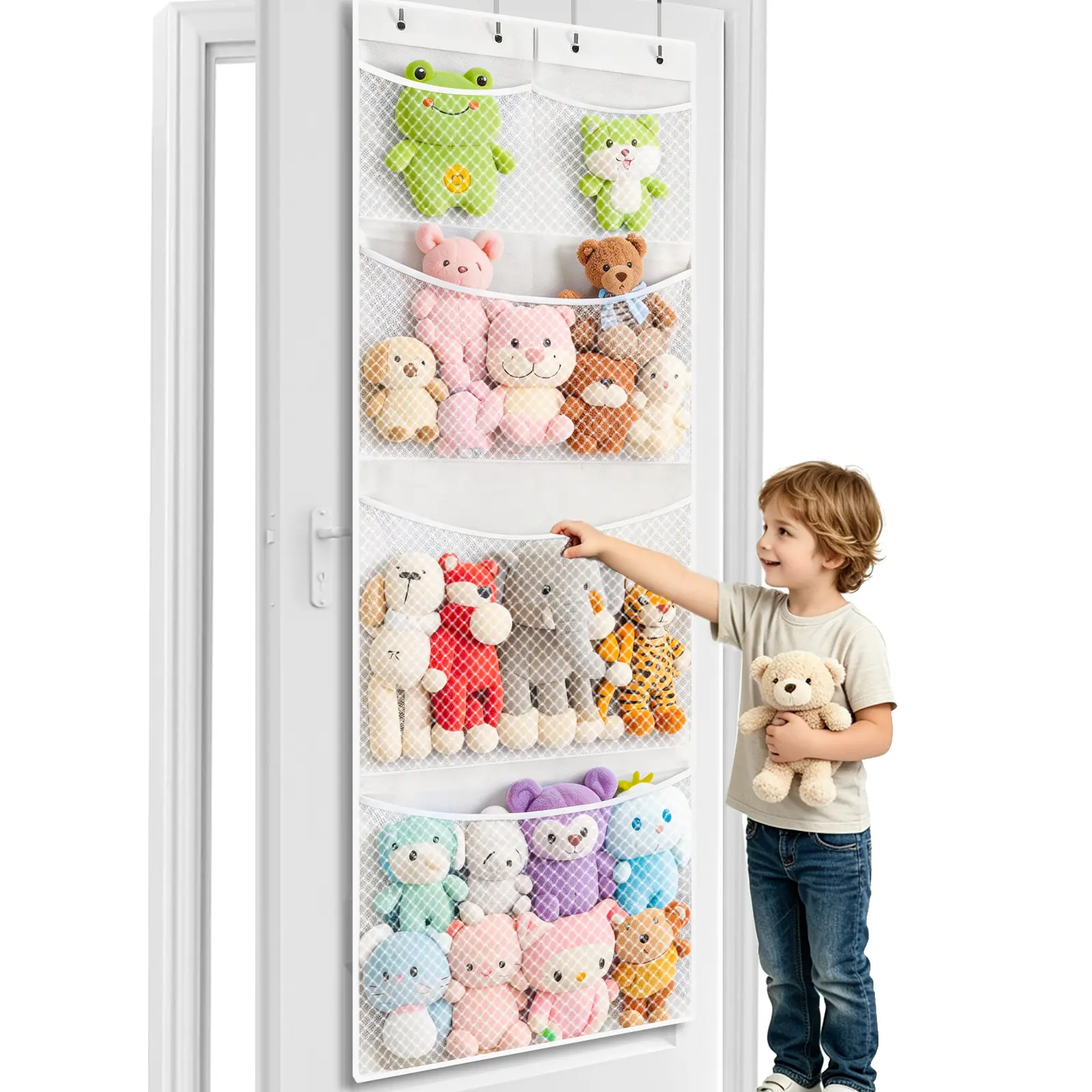 Minimalist Synthetic Stuffed Animal Hanging Over-The-Door Organizer - Decorative Toy Hammock Holder with Adjustable Shelf Rack for Kids Nursery, Kitchen Household Storage (Petit Bit Capacity)