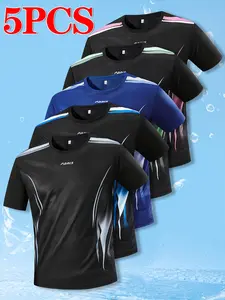 Pack of 5 – Men’s casual athletic T-shirts made from quick-dry summer fabric; stretchy, breathable mesh men’s T-shirts; short-sleeve fitness training tops with gradient fashion prints for sports, outdoor activities, and casual wear; suitable for workouts,