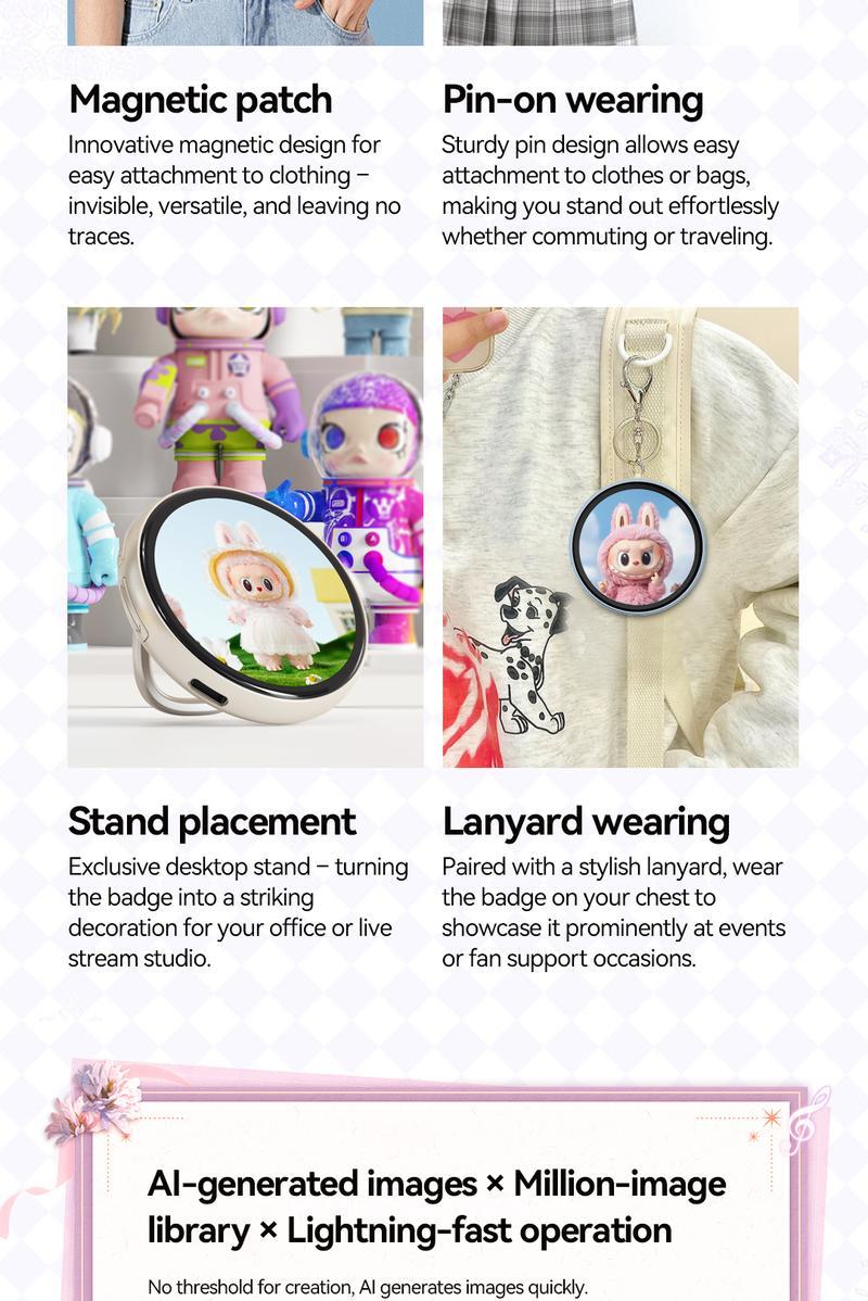 Customizable Smart Digital Display Badge (E-Badge) with IPS Touchscreen, Bluetooth Photo/GIF Upload, Wearable Portable Screen Pin, 8 Hours Battery, Perfect for Self-Expression & Fashion