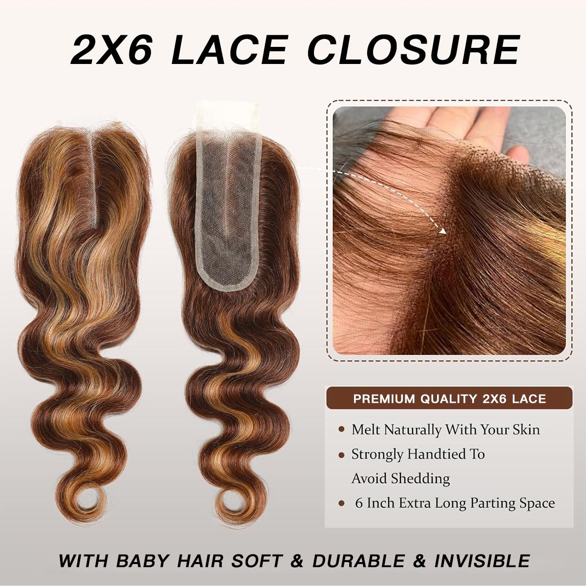 [Wequeen] Upgrade 2x6 Pre-colored Brown Highlight Body Wave Transparent Lace Closure Human Hair