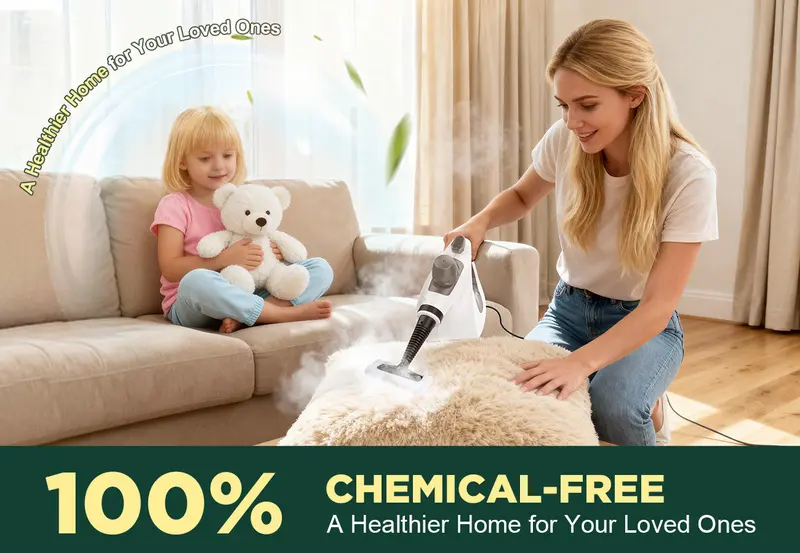 Phueut 1050W 110V Pressurized Handheld Natural Steam Deep Cleaning Machine - Compact Corded Lightweight Multi-Surface Unit for Kitchen, Cars, with 12 Replacement Parts (4 Round Brushes), Child-Safe Cap, Cleaning Supplies Compatible